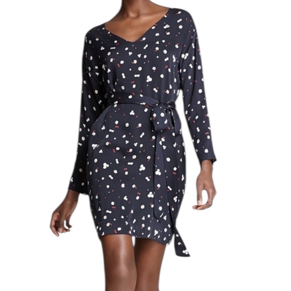Theory Navy Blue Silk with Kinley Chestnut Print V-Neck Shift Dress 8